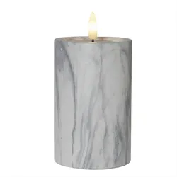 LED Stumpenkerze Marmoroptik Zement/Wachs natürliche Flamme Timer H: 15cm grau
