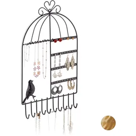 Relaxdays Schmuckhalter Wand, für Ketten, Ohrringe & Armbänder, Schmuckleiste Vogelkäfig, HBT 44,5x25,5x4,5 cm, schwarz, 1 Stück