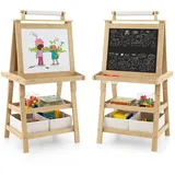 Costway 3 in 1 Kindertafel doppelseitig Whiteboard & Kreidetafel & Zeichenpapier, Kinder Staffelei inkl. Magneten 2 Aufbewahrungsboxen, 2 Regalebenen Holztafel (Natur)