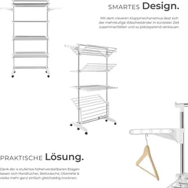 Tectake tectake® Turmwäscheständer Odelia klappbar, 6 drehbare Doppelrollen mit Feststellbremsen
