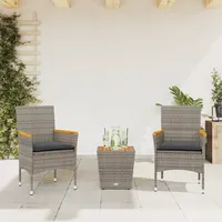 vidaXL 3-tlg. Bistro-Set mit Kissen Grau Poly Rattan und Glas