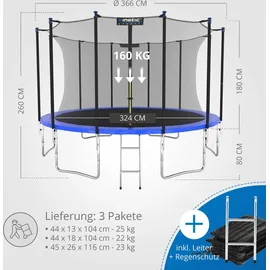 Kinetic Sports Salto Plus 366 cm  inkl. Sicherheitsnetz, Regenplane und Leiter Blau