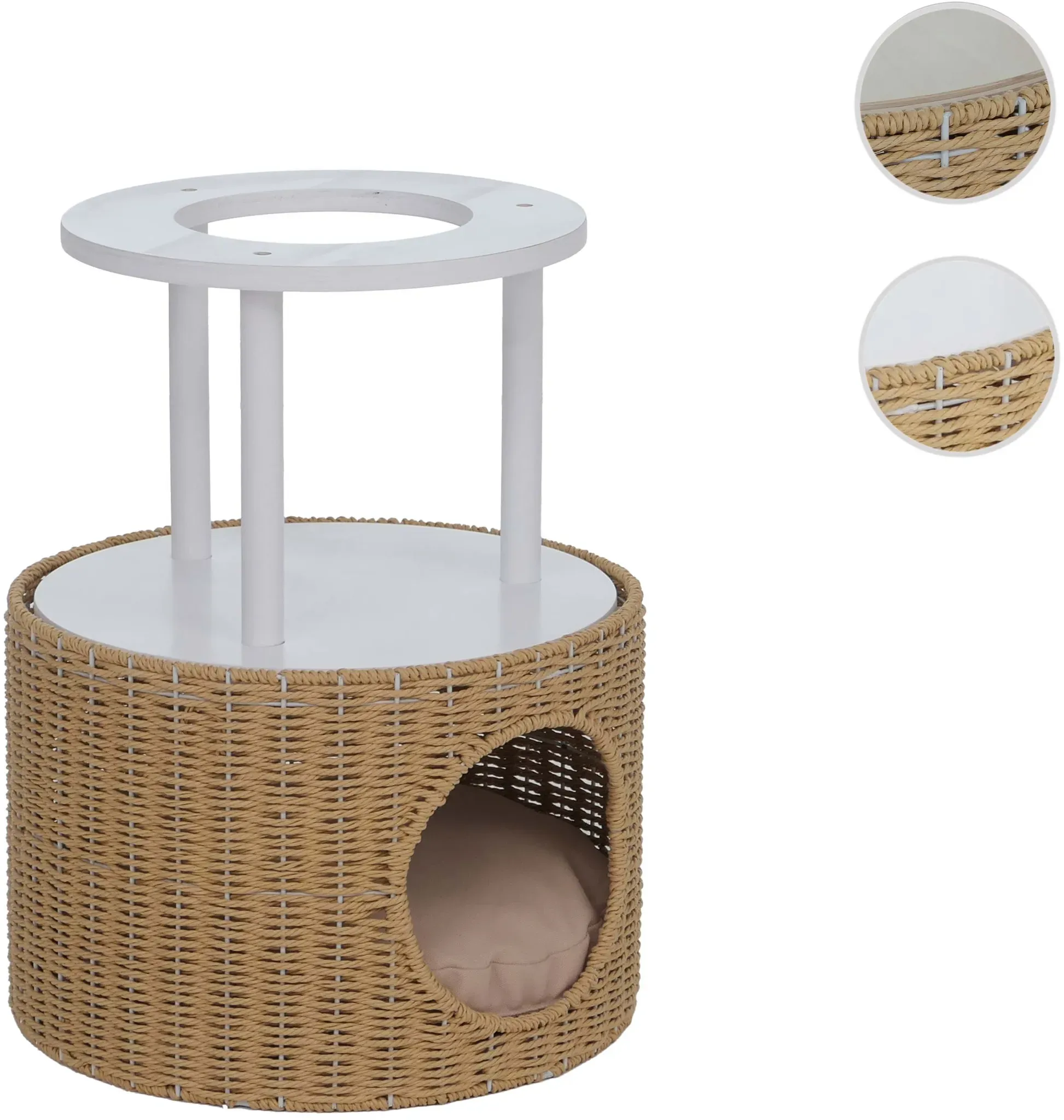 Katzenbett HWC-Q59, Katzenhöhle mit Kletterbereich Plattform Katzenkorb/-Möbel Holz MVG 50x39x39cm ~ weiß, Kissen beige