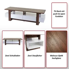 MCW MCW-B51 TV-Rack 150x45x45 cm Walnuss/Weiß Hochglanz Kunststoff