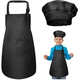 WEONE Kinder Schürze und Kochmütze Set, Kinder Einstellbare Kochschürze Kinderschürzen mit 2 Taschen für Jungen Mädchen, Kind Küchenschürzen für Küche Kochen Backen Malerei (7-13 Jahre) (Schwarz) - 46*62cm