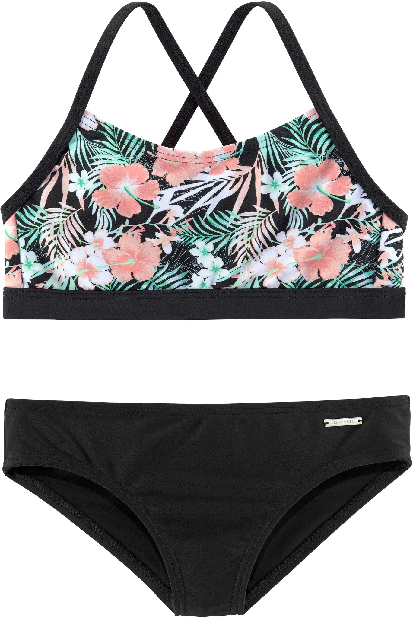 Bustier-Bikini CHIEMSEE, Mädchen, Gr. 122/128, N-Gr, schwarz (schwarz, bedruckt), Polyamid, Bikini-Sets, im tropischen Print