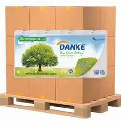 Danke Toilettenpapier naturweiß, 3-lagig, Klopapier aus 100 % recyceltem Altpapier ohne Bleichmittel, 1 Palette = 63 Packungen à 16 x 150 Blatt