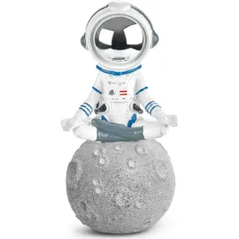 Brubaker Dekofigur Astronaut im Schneidersitz auf dem Mond - 18 cm Weltraum Figur (Dekoration - Grau und Weiß, 1 St., Astronautin Yoga mit verchromtem Helm), Handbemalte moderne Sukhasana Statue - Deko silberfarben 9.5 cm x 19 cm x 9 cm
