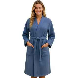 Morgenstern Bademantel Damen Leicht 100% Baumwolle Waffelstoff Waffelpique Waffelmuster Paula Oeko Tex Standard Blau XL - XL
