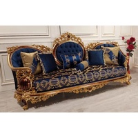 Casa Padrino Sofa Luxus Barock Sofa Blau / Gold / Braun - Prunkvolles Wohnzimmer Sofa mit elegantem Muster - Barock Wohnzimmer Möbel