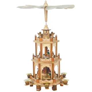 Weihnachts-Pyramide, 3 Motive in 3 Etagen, H: 43 cm, Natur, handbemalt im Kunsthandwerks-Stil
