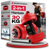 Sportstech AH300, Hanteln Set, 20 kg-30 kg, 2in1 Kurzhanteln und Langhantel Set, verstellbar, mit Silikonüberzug, Gewichte Hantelset für Zuhause, Krafttraining, Fitness Home