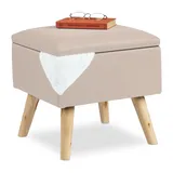 Relaxdays Hocker mit Stauraum, Kunstleinen-bezug, gepolstert, Holzbeine, Fußhocker mit Deckel, Hbt 40x40x40 cm, beige, Holzwerkstoff, Textil, Holz, Wohnzimmer, Hocker, Sitzhocker