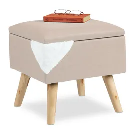 Relaxdays Hocker mit Stauraum, Kunstleinen-bezug, gepolstert, Holzbeine, Fußhocker mit Deckel, Hbt 40x40x40 cm, beige, Holzwerkstoff, Textil, Holz, Wohnzimmer, Hocker, Sitzhocker