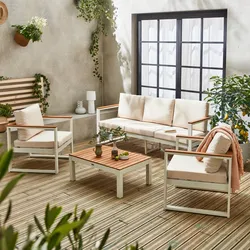 5-Sitze Gartengarnitur aus Aluminium und Eukalyptus - NAZCA - Gestell weiß, Kissen beige