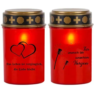 Grablichter LED Mit Batterie, 2 Stück Flackernde LED Grablicht für Draußen, Wasserdichte Flammenlose Friedhofskerzen mit Liebe Löwenzahn Muster, Grabkerzen mit Text Immer in Unseren Herzen (Rot)