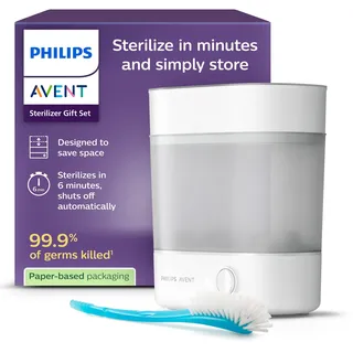 Philips Avent Sterilisator-Geschenkset – Elektrischer Dampfsterilisator mit Flasche und Saugerbürste, einfaches Reinigen und Sterilisieren von Babyfläschchen, Milchpumpen, SCF291/30