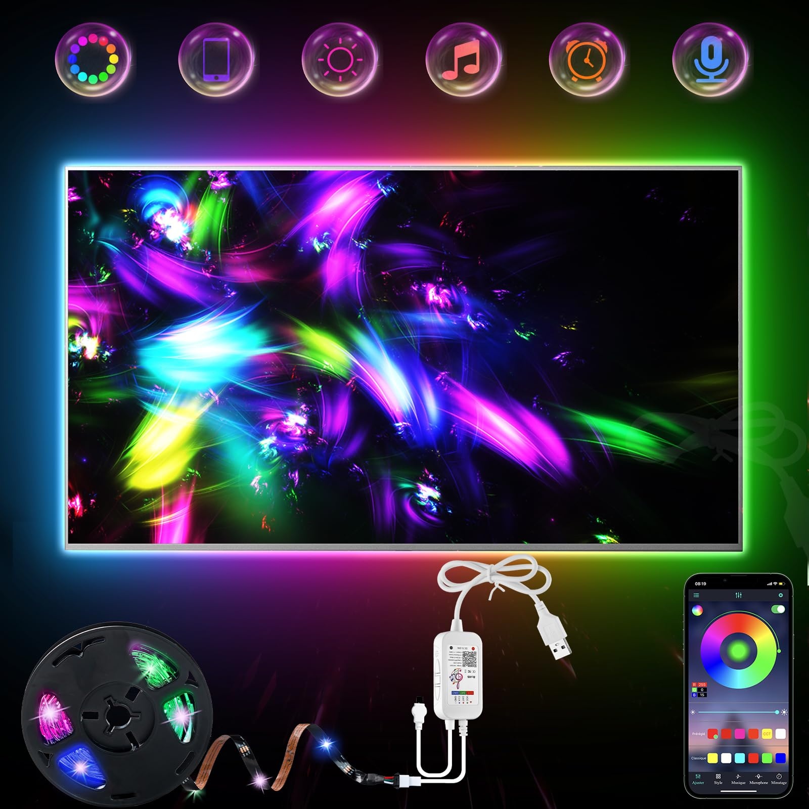 LED Strip 4m, LED TV Hintergrundbeleuchtung für 55 bis 75 zoll TVs, Steuerbar mit App, RGB LED Streifen Smart LED Backlight, USB Led 5050 Beleuchtung
