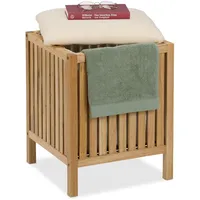 Relaxdays Wäschekorb mit Sitz, Badhocker mit Stauraum, 30 l Wäschesammler, HBT: 51 x 38 x 38 cm, Holz/Stoff, Natur/weiß
