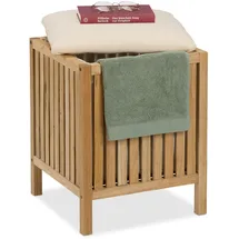Relaxdays Wäschekorb mit Sitz, Badhocker mit Stauraum, 30 l Wäschesammler, HBT: 51 x 38 x 38 cm, Holz/Stoff, Natur/weiß