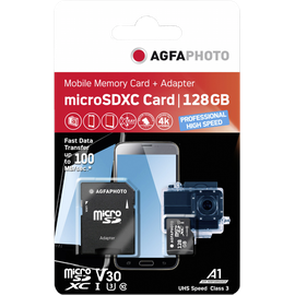 AgfaPhoto microSDXC 128GB Class 10 UHS-I U3 + SD-Adapter