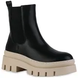 VAN HILL Damen Plateau Boots Freizeit Stiefeletten Blockabsatz Schuhe Profilsohle Stiefel Plateauschuhe Booties 208664 Schwarz Beige 40 - 40 EU