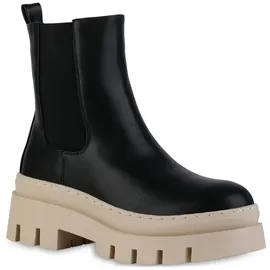 VAN HILL Damen Plateau Boots Freizeit Stiefeletten Blockabsatz Schuhe Profilsohle Stiefel Plateauschuhe Booties 208664 Schwarz Beige 40 - 40 EU