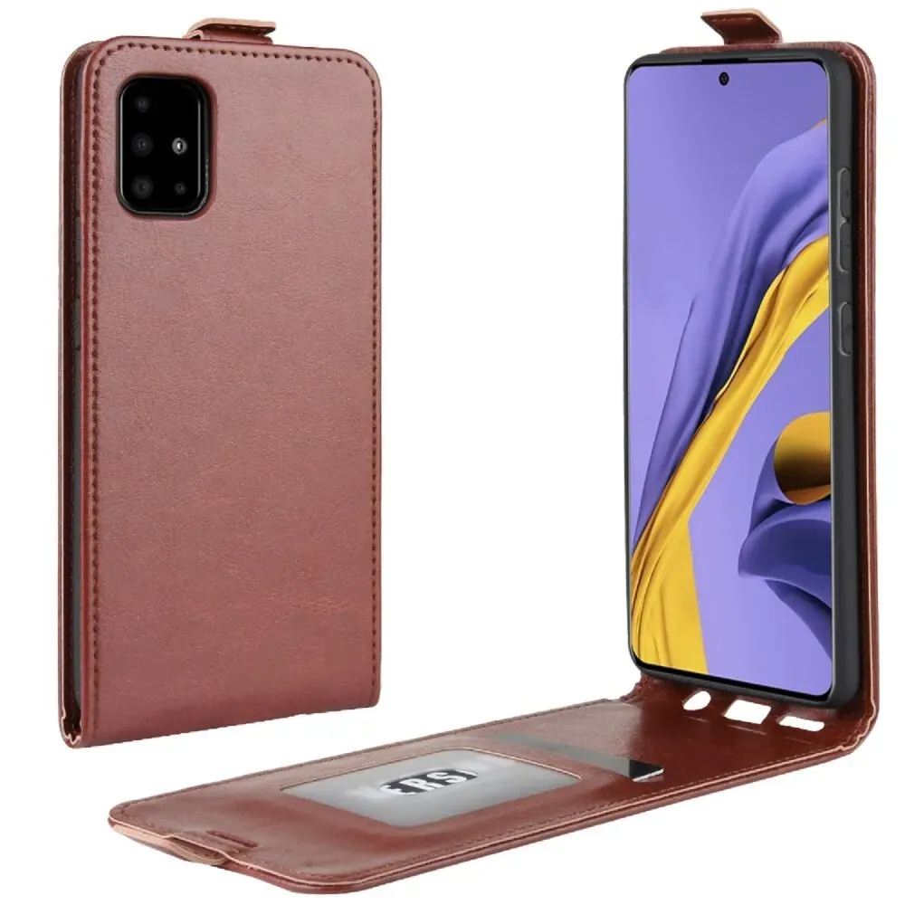 Flip Case Handyhülle für Samsung Galaxy A51 Vertikal Schutzhülle Tasche Cover Braun Bumper Smartphone Kartensteckplatz-Kreditkarte-Geldscheine EC-Karte Bank-Karte