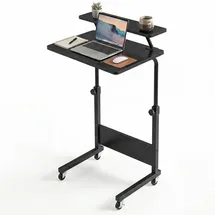 YITAHOME Mobilfunk Schreibtisch mit Rollen, Tragbarer Home Office Computertische Laptoptisch, Beistelltisch Höhenverstellbar mit Aufbewahrungsregal, Stehpult Beistelltisch Rollen, Schwarz
