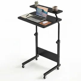YITAHOME Mobilfunk Schreibtisch mit Rollen, Tragbarer Home Office Computertische Laptoptisch, Beistelltisch Höhenverstellbar mit Aufbewahrungsregal, Stehpult Beistelltisch Rollen, Schwarz