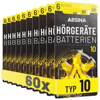 ABSINA Hörgerätebatterien 10 60 Stück mit gut greifbarer Schutzfolie - Hörgeräte Batterien 10 Zink Luft mit 1,45V - Typ 10 Batterien Hörgeräte Gelb - PR70 ZL4 P10 Hörgerätebatterien