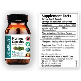 DR WAKDE'S® Natural Health Care, London DR WAKDE'S Moringa Kapseln (Moringa oleifera) 60 Veg Caps Ayurveda-Ergänzung, Vegan, Kräuter, Natürlich)