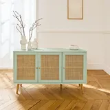 sweeek Sideboard mit Rohrgeflecht 120 x 39 x 70 cm - 2 Ebenen - 3 Türen - Skandinavische Zirkelfüße - Bohème