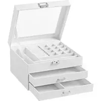 Schmuckbox mit 3 Ebenen und Glasdeckel, Weiß