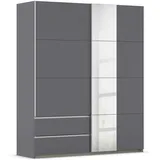 Rauch Möbel Schwebetürenschrank, Kleiderschrank, Schrank, Garderobe, 2-türig, 1 Spiegel, 2 Schubladen, Farbe Grau metallic, Schwarz, Griffleisten Alufarben, 175x210x59cm