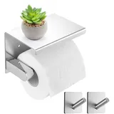 Toilettenpapierhalter Ohne Bohren, Edelstahl Klopapierhalter Ohne Bohren mit Ablage, WC Papier Halterung Klorollenhalter mit 2 Klebehaken, Klebeinstallation und Bohrinstallation (Color:Silber)