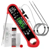 Amazon Marke Digitales Grill-Thermometer Bratenthermometer Fleischthermometer Ofenthermometer mit Zwei Edelstahlsonden und Alarmfunktion, Grün Hinterbeleuchtung, Temperaturbereich bis 300°C- Rot