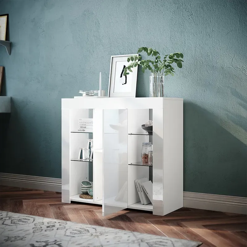 SONNI Sideboard, Küchenschrank, mit LED Beleuchtung(12 Farben können eingestellt Werden) Weiß Hochglanz Aufbewahrungsschrank, für Küche,Wohnzimmer,Esszimmer