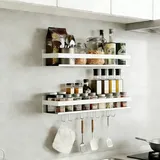 Topnewhome 2er Set Gewürzregal Wand Ohne Bohren mit 6 Haken Küchen Wandregal Küchenregal Wandmontage Hängend Hängeregal für Küche Badezimmer Balkon,Weiß,40cm