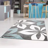 Carpet City Teppich mit Blumen Moda Modern Flachflor in Blau Grau für Wohnzimmer, Kinderzimmer; Größe: 190x280 cm