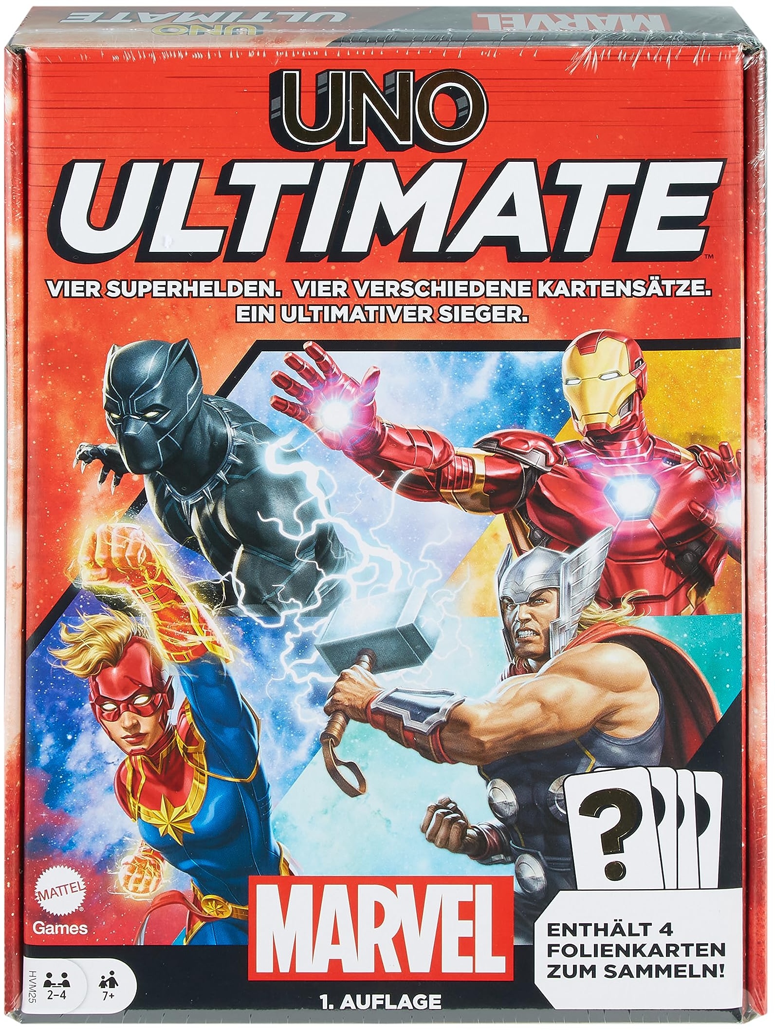 UNO Ultimate Marvel - Kartenspiel, Superhelden-Design, Captain Marvel, Iron Man, Black Panther, Thor, Spezialregeln, Gefahrenkarten, Sammelfolienkarten, ab 7 Jahren, HVM25