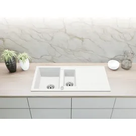 faizee home Granitspüle 2 Becken rechts Einbauspüle weiß Handbetätigung 1000 x 500 mm