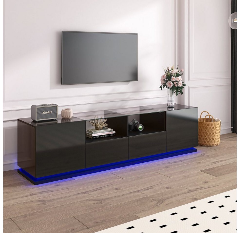 REDOM TV-Schrank Lowboard hochglanz mit Türen und Schubladen, mit Glastischplatte und LED schwarz