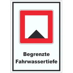 Begrenzte Fahrwassertiefe Tiefe unter Wassserspiegel begrenzt Symbol und Text A3 (297x420mm)