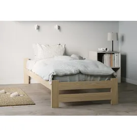 home collective Holzbett 90x200 cm mit Lattenrost Modern Bett Bed Kiefer Massiv Bettgestell Einzelbett Massivholzbett Klassisch | Boho Landhaus Kopfteil flach natur