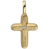 Schmuck Krone Kreuzanhänger Anhänger Kreuz mit Brillant, 585 Gelbgold, eismatt, Gold 585 goldfarben