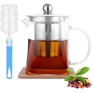HOTUT Teekanne,550ml Glas Teebereiter mit Abnehmbarem Edelstahlsieb,Teekanne Glas Eckig mit Untersetzer und Schwammbürste,Hitzebeständig,Borosilikatglas Glaskanne für Blühenden und Losen Blatttee