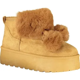 Laura Biagiotti Damenstiefel Braun mit Fell, Pom Pom, Stickerei & Keilabsatz 4 cm - Braun
