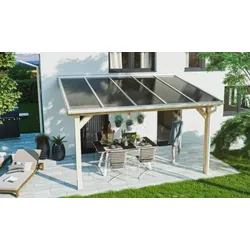 Terrassenüberdachung aus Holz - 4 x 4m Terrasendach mit glasklarer PC Stegplatten Überdachung Überdachung - Dachrinne Alu weiß
