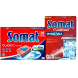 SOMAT Tabs 28 AW Classic Power, Geschirrspül Tabs mit Fettlösekraft für kraftvolle Reinigung, Spültabs für strahlend sauberes Geschirr + Somat Duo Power Experten Spezial-Salz 1,2kg